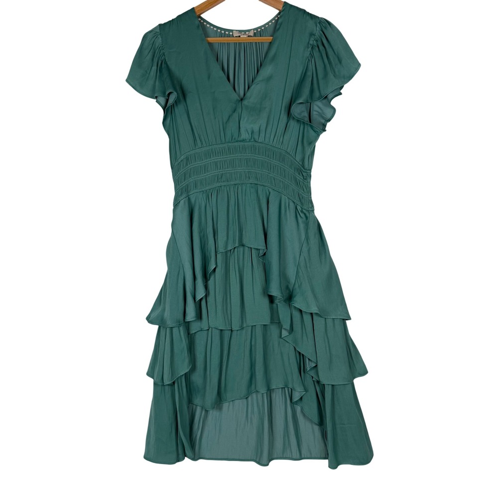 Umgee Ruffle Mini Dress Womens Medium Green Smocked Tiered Flutter Sleeve R0201